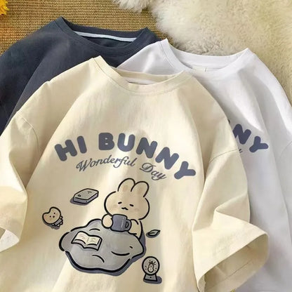 Summer Japanese Cute Tea-drinking Rabbit Printed Short-sleeved T-shirt for Ladies and Boys Same Loose Casual Large-size Top