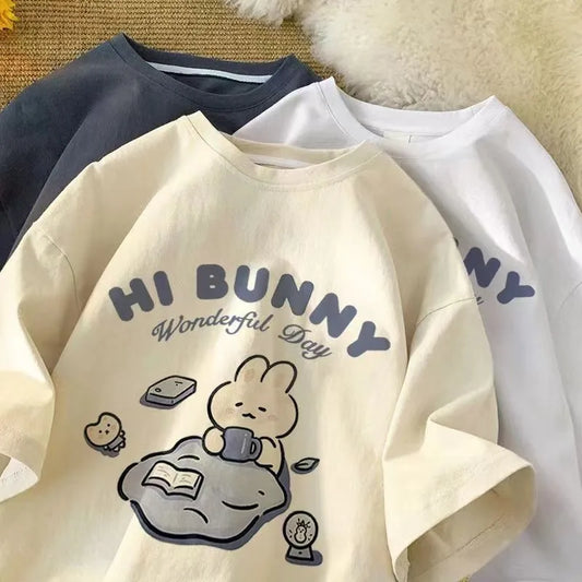 Summer Japanese Cute Tea-drinking Rabbit Printed Short-sleeved T-shirt for Ladies and Boys Same Loose Casual Large-size Top