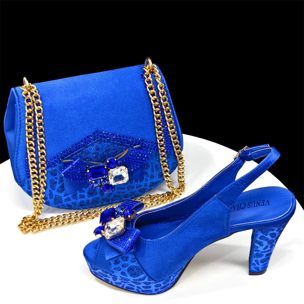 Shoes for Women High Heels INS Style Rhinestone Peep Toe Bow Gold Color New Italian Shoes and Bag for Party 2024
