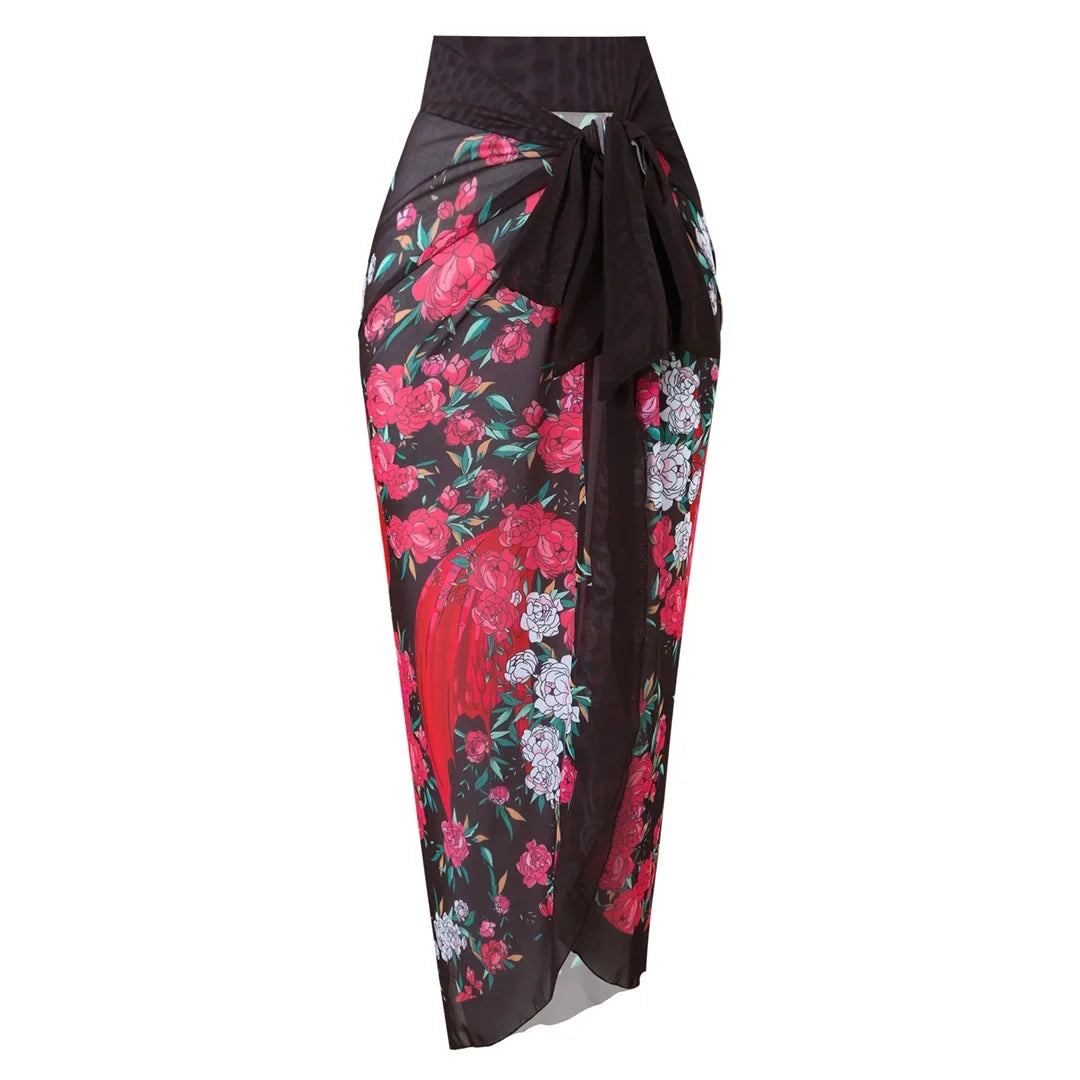 S - XXL Printed Long Sleeve With Sarong One Piece Swimsuit Women Swimwear Female Flowers Padded Bather Bathing Suit Swim V7181