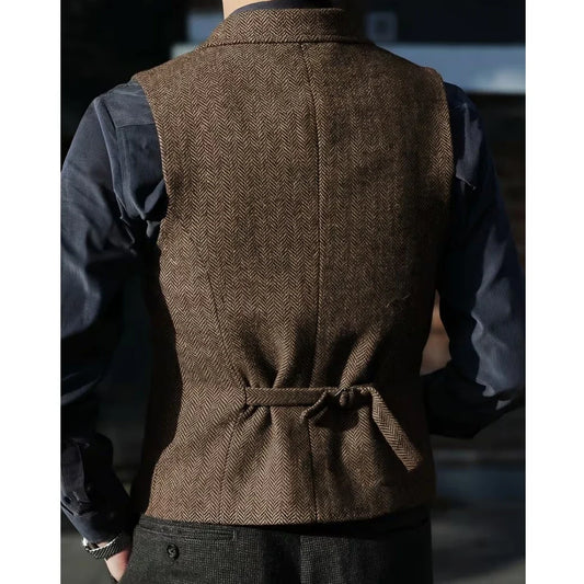 Men Vest Brown Herringbone With Lapel Single Breasted Waistcoat For Wedding Party Business Prom Work Daily Casual Men Suit Vest