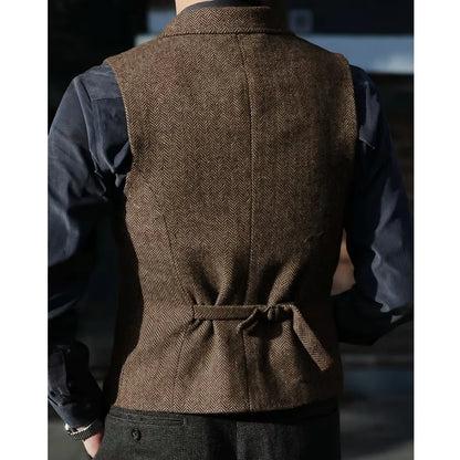 Men Vest Brown Herringbone With Lapel Single Breasted Waistcoat For Wedding Party Business Prom Work Daily Casual Men Suit Vest