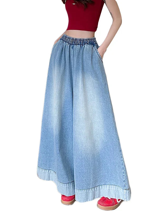 Casual High Waist Wide Leg Jeans Women's Loose Fit Summer Faion plus Size American Sle Cuffed Casual Denim Skirt Pants