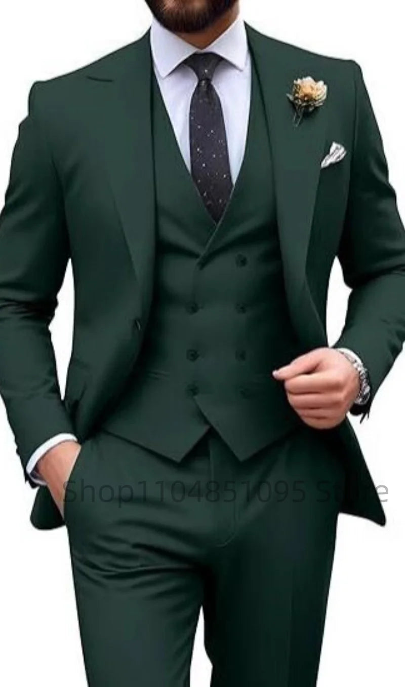Men's Solid Color Slim Fit Formal Business Suit Wedding 3-Piece Set with Peak Lapel Blazer Vest And Trousers for Party Prom