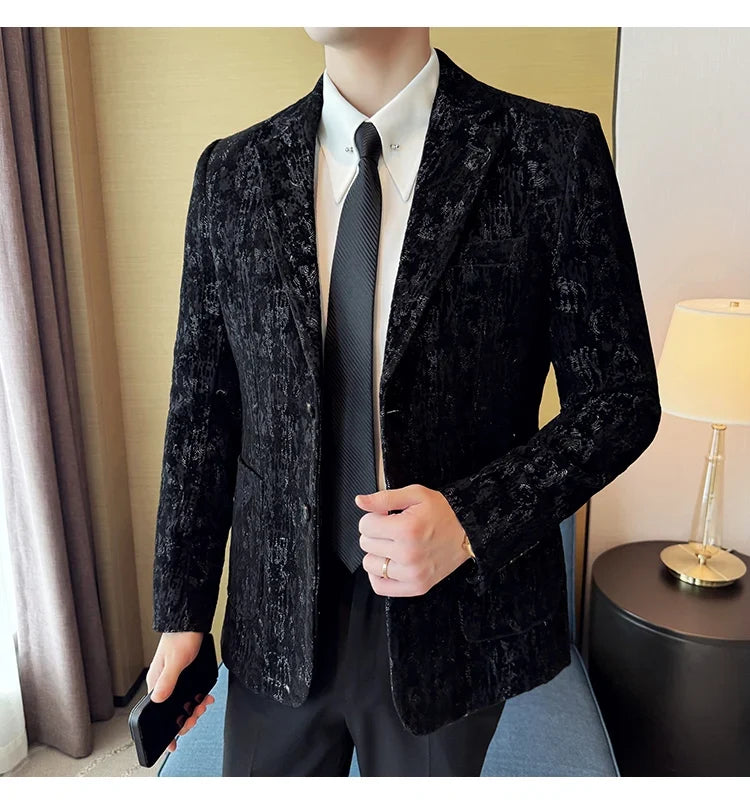 High Quality Plush Jacquard fashion Suit Jacket  Korean Version Slim Fit Business Retro Casual Social Wedding Suit Blazer 5XL-M