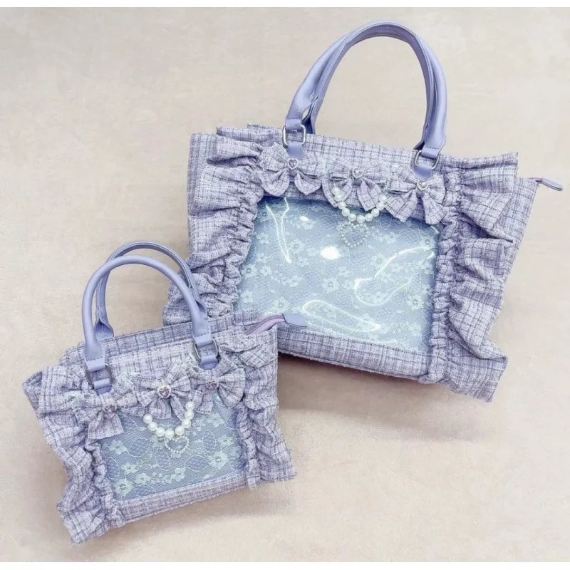 Japanese Sle Lace Trim Painful Bag Small Fraance Sle Handbag Single oulder Satchel Embellied with Button And Pleate...