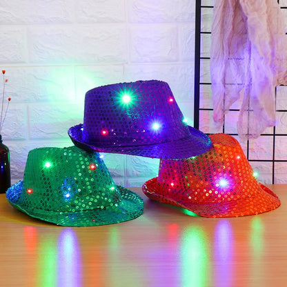 Unisex Light Up Flashing Led Fedora Trilby Jazz Hat Panama Cap Sequin