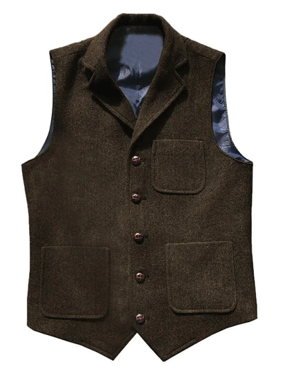 Men Vest Brown With Lapel Pocket Single Button Waistcoat For Wedding Birthday Formal Business Casual Banquet Work Men Suit