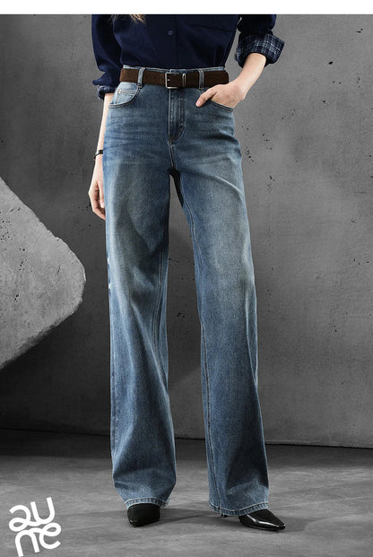 Women Denim Jeans 2025 Autumn New Lycra Stretch Straight Wide Leg Long pants