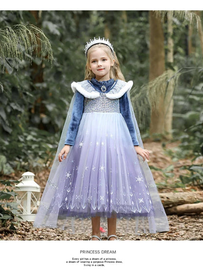 Girls' Spring 2026 New Velvet Elsa Frozen Princess Dress Kids Blue Cape 2 Piece Set Warm Dresses For Girl Party 3-9 Years Old ﻿