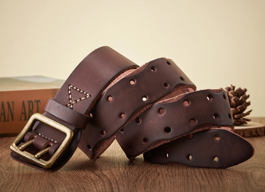 Thick Original Leather Belt Vintage Men Wide Belt Male Cowhide Real Genuine Leather Double Prong Buckle Strap Cowboy Jeans Belt
