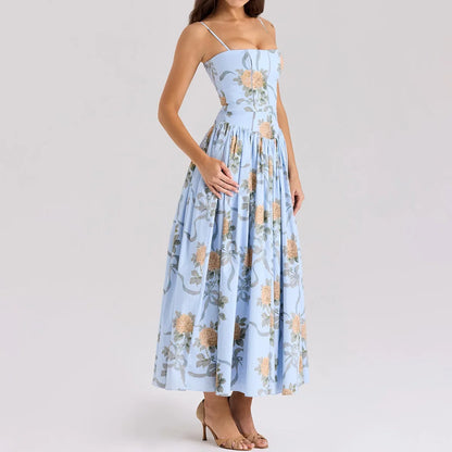Summer Print Strappy Long Dress A-line Casual Beach Vacation Dress for Women