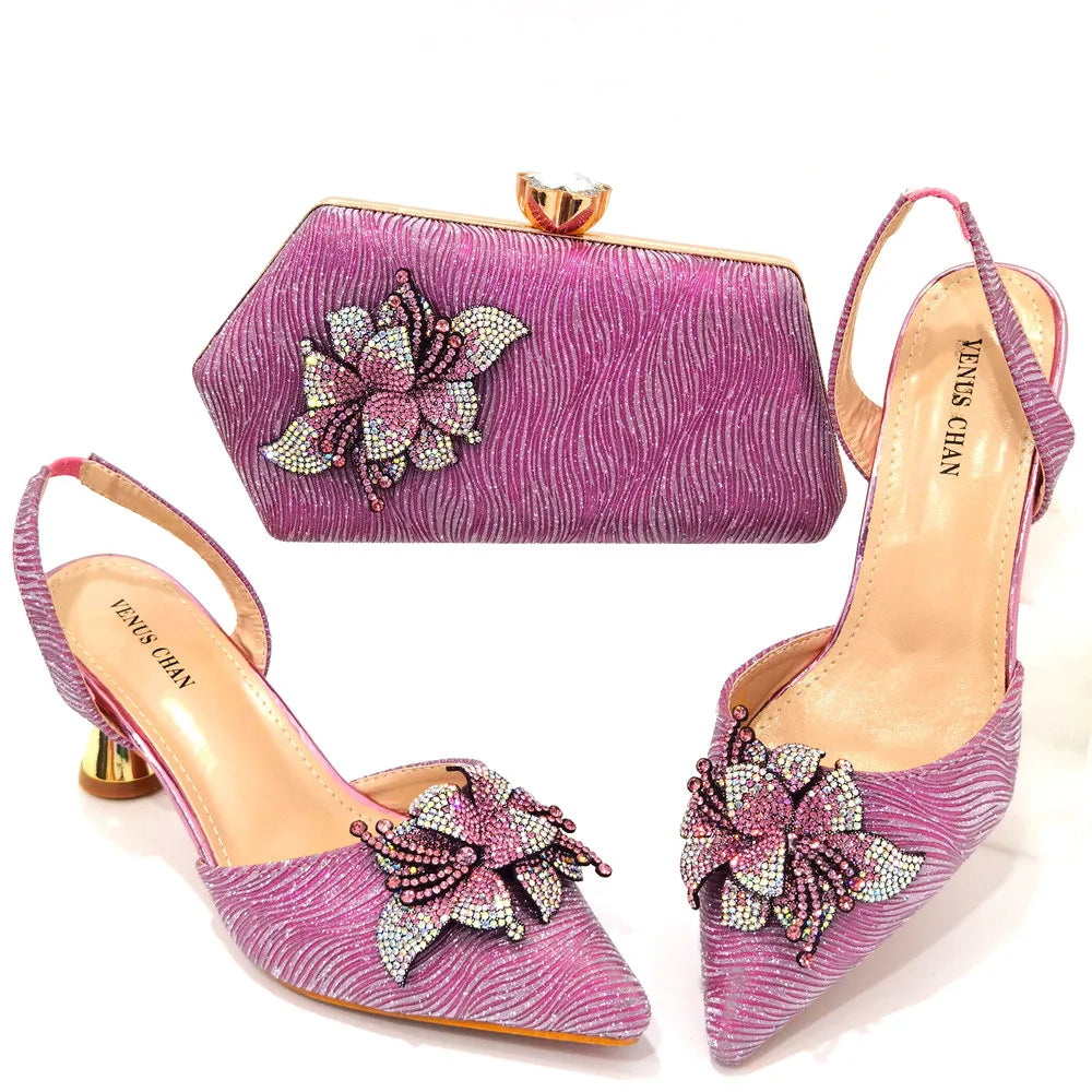 FASHION SHOE Sandals Women 2022 High Heels sexy Green Color Rhinestone Flowers Party Pumps Wedding Shoe and Matching Bag Set