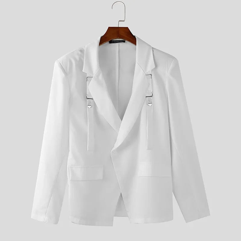 Fashion Well Fitting Tops New Men's Deconstruct Metal Buckle Suit Coat Casual Streetwear Male Solid Long Sleeved Blazer