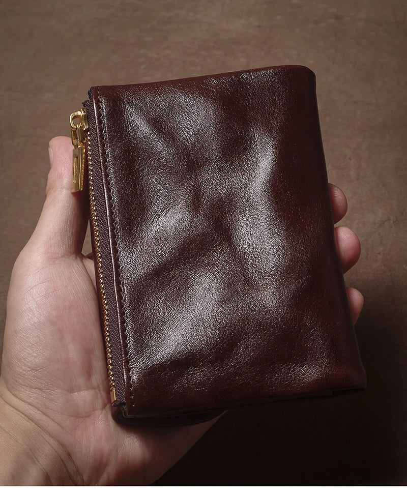 Vintage Genuine Leather Trifold Wallet for Men Women Zipper Coin Purse Driver License ID Credit Card Luxury Cowhide Wallet