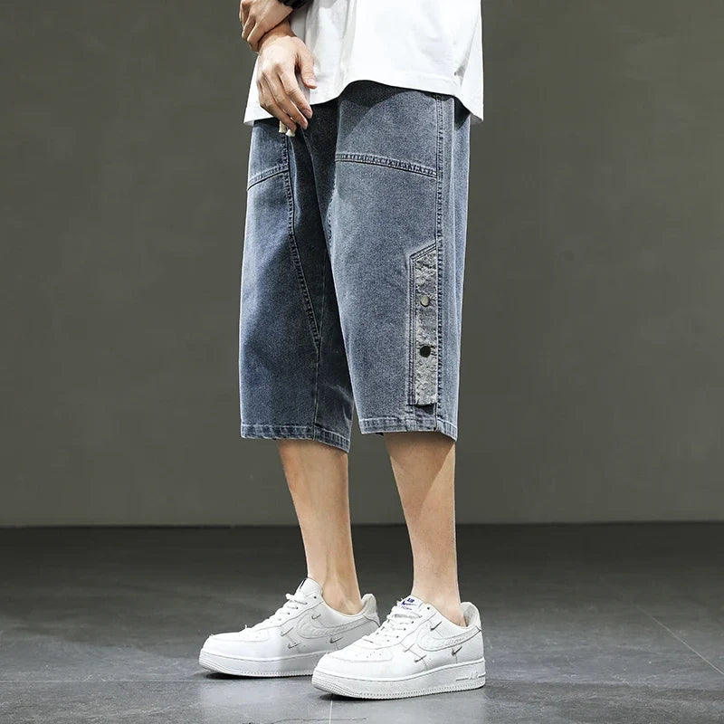 Korean Style Summer Men's Black Wide Leg Denim Shorts New Fashion Casual Baggy Short Jeans Male Plus Size 6XL 8XL YBR602