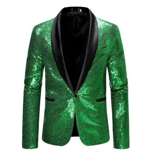 2026 Men's Suit Jacket, Shiny Sequin Stage Performance Coat, White Silver Blue Red Purple Blazers V-neck Single Button S-XXL