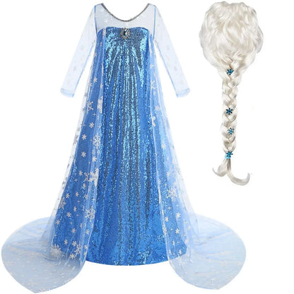 New Sequined Blue Elsa Party Dress For Girl Role Play Princess Apparel Toddler up Birthday Festival Carnival Apparel Accessories