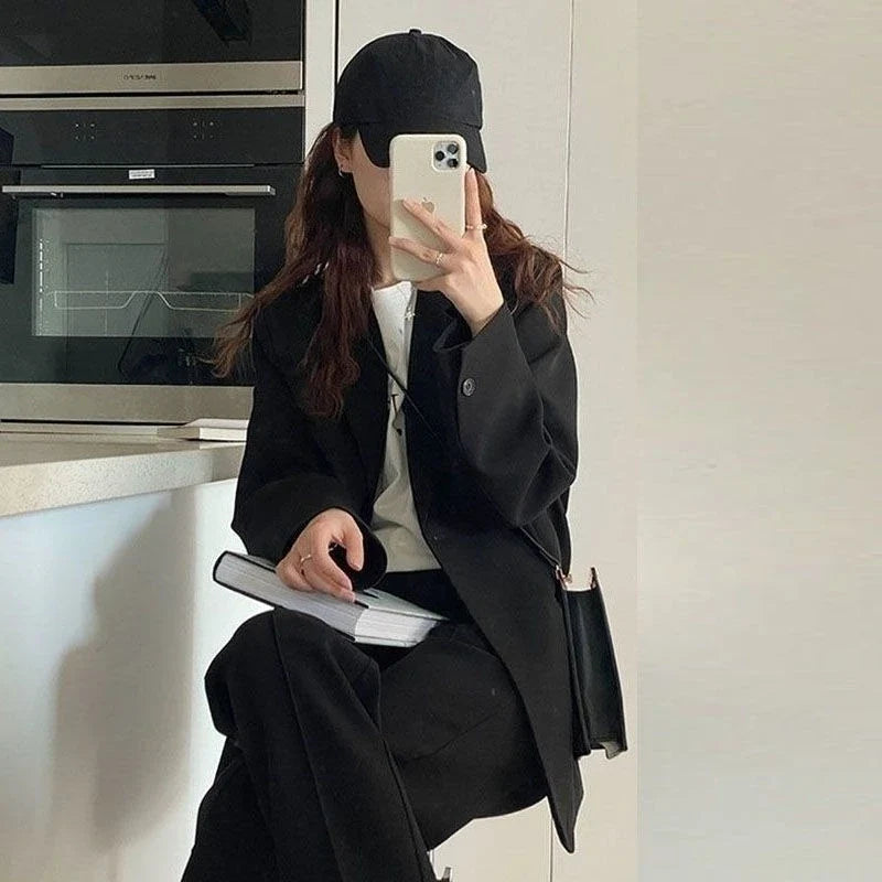 Eye Catching Women's Black Oversized Single Button Solid Wear To Work Casual Blazer Spring Autumn Jacket Influencer Korean Style