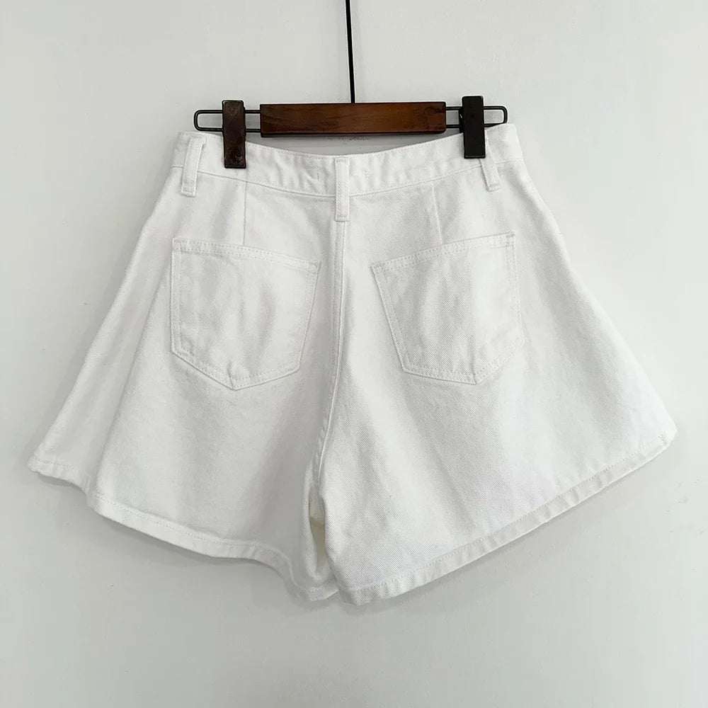 Summer Washed High Waist Women's A-line Denim Shorts Pocket White 2025 New Casual Loose Wide Leg Jeans Shorts Female