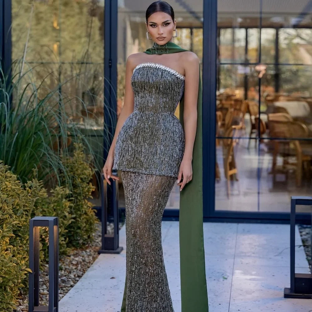 Customized Gray Glitter Two-Piece Set Mermaid robes de soirée Strapless Evening Dresses Floor-Length Wedding Dress 2024