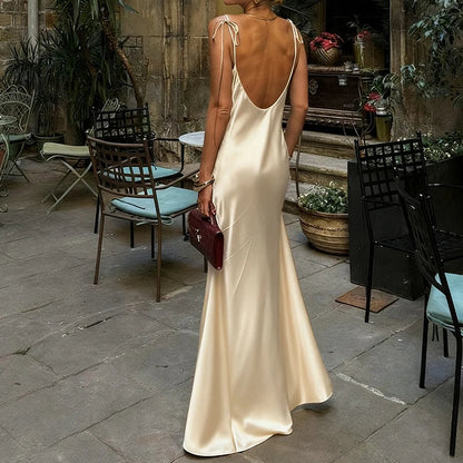 Women's Satin Champagne Dress Sleeveless Sexy Backless Evening Dresses Guest Elegant Bridesmaid Long Evening Gown