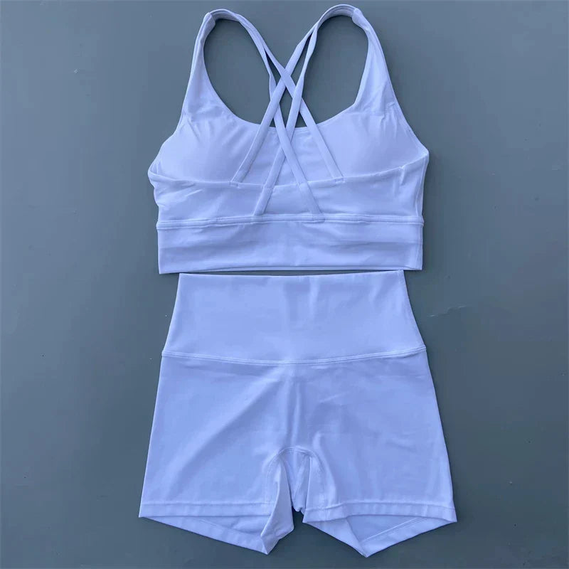 Solid Color gym bike Yoga Set short Legging +cross sport bra Tracksuit  Athletic Women Gym Suit Comprehensive Training Jogging