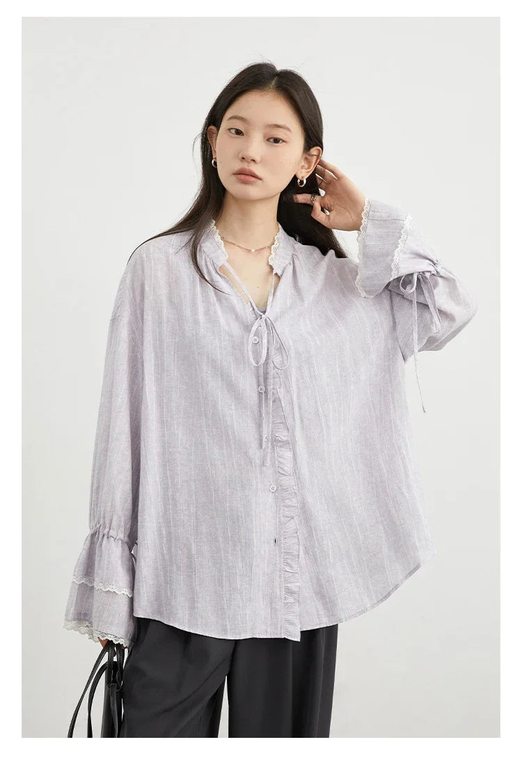 Women Shirt Single Breasted V-neck Loose Casual Long Sleeve New Stand Up Collar Coat Female Blouse Spring Autumn 2025