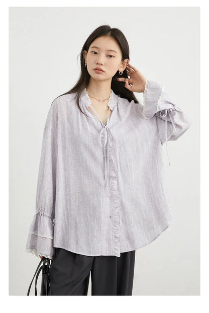 Women Shirt Single Breasted V-neck Loose Casual Long Sleeve New Stand Up Collar Coat Female Blouse Spring Autumn 2025