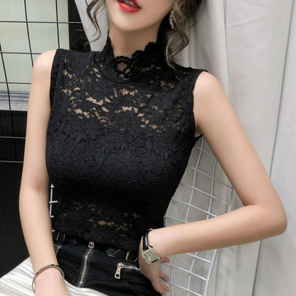 Elegant Women's Floral Lace Tank Tops T Shirt With Elastic Sleeveless Red Black White S-XL Stretch Rose Lace Camisole For Girls