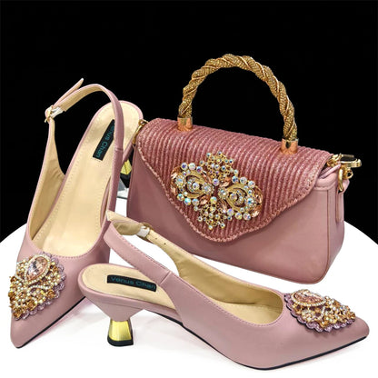 2024 Latest Wedding Pointed Toe Women's Shoes High Heel White Color Rhinestones Party Ladies Shoes And Bag Set