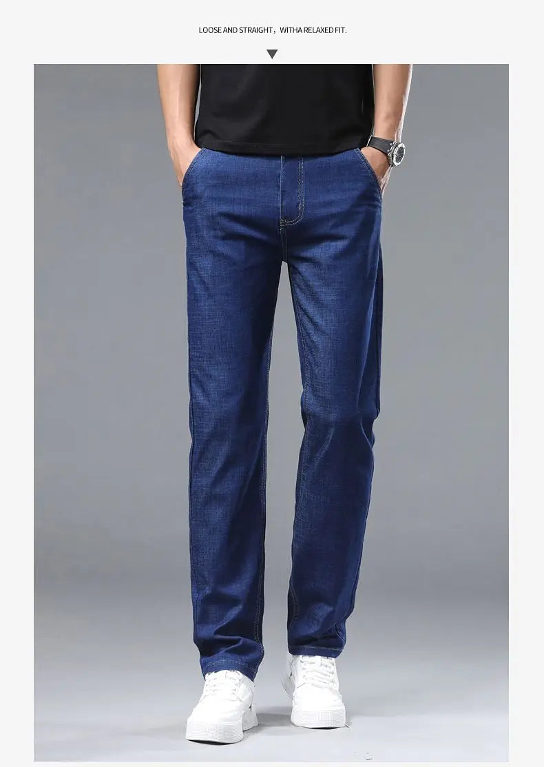 Light blue classic business jeans, fashionable breathable denim elastic pants, black blue men's straight leg jeans, sizes 28-40