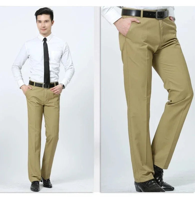 Summer Thin Pants 100% Cotton Men's Autumn Thick Suit Pant Slacks High Waist Straight Loose Bland Solid Business Casual Pants