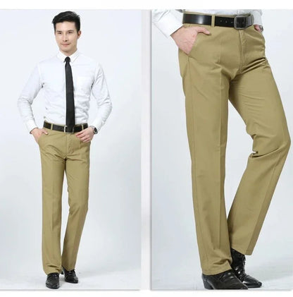 Summer Thin Pants 100% Cotton Men's Autumn Thick Suit Pant Slacks High Waist Straight Loose Bland Solid Business Casual Pants