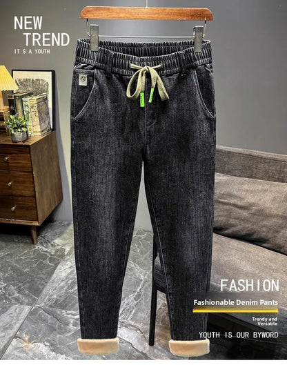Warm Fleece Lined Elastic Waist Casual Straight Leg Men's Jeans Premium Quality Autumn Winter Thickened Stretch Denim Pants