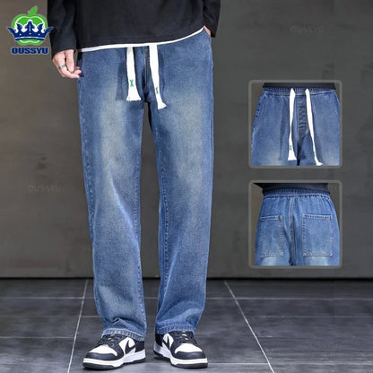 2025 New Autumn Winter Jeans Men Loose Straight Drawstring Elastic Waist Casual Denim Trousers Male Thick Pants Large Size M-5XL