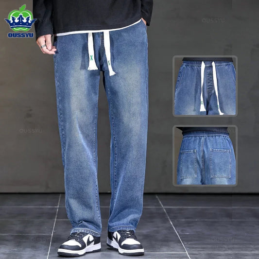2025 New Autumn Winter Jeans Men Loose Straight Drawstring Elastic Waist Casual Denim Trousers Male Thick Pants Large Size M-5XL