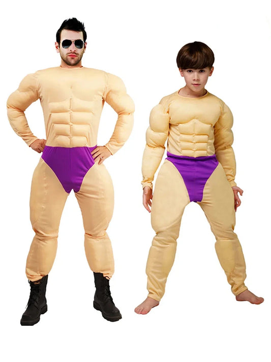 Muscle Costume for Adult Men Kids Role Play Funny Strong Men Muscle Jumpsuit Cosplay Halloween Themed Party Carnival Fancy Dress