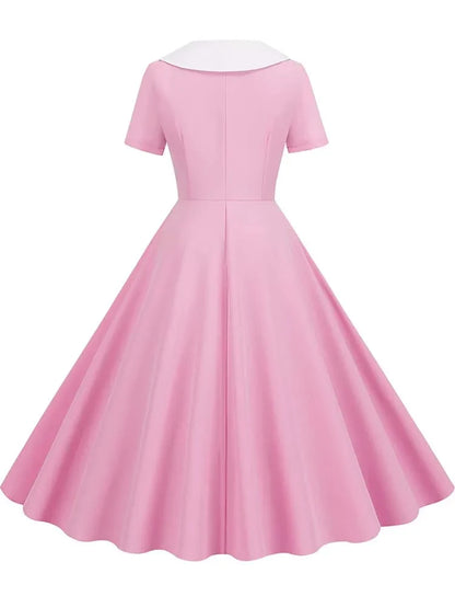 Summer Midi Dress Women Elegant Pink Vintage Party Sundress Casual Peter pan Collar Short Sleeve Dress