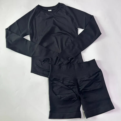 2 Pieces Set Women Longline Long Sleeve Gym Crop Top High Waist Workout Shorts Sports Suit Fitness Clothes Seamless Yoga Set