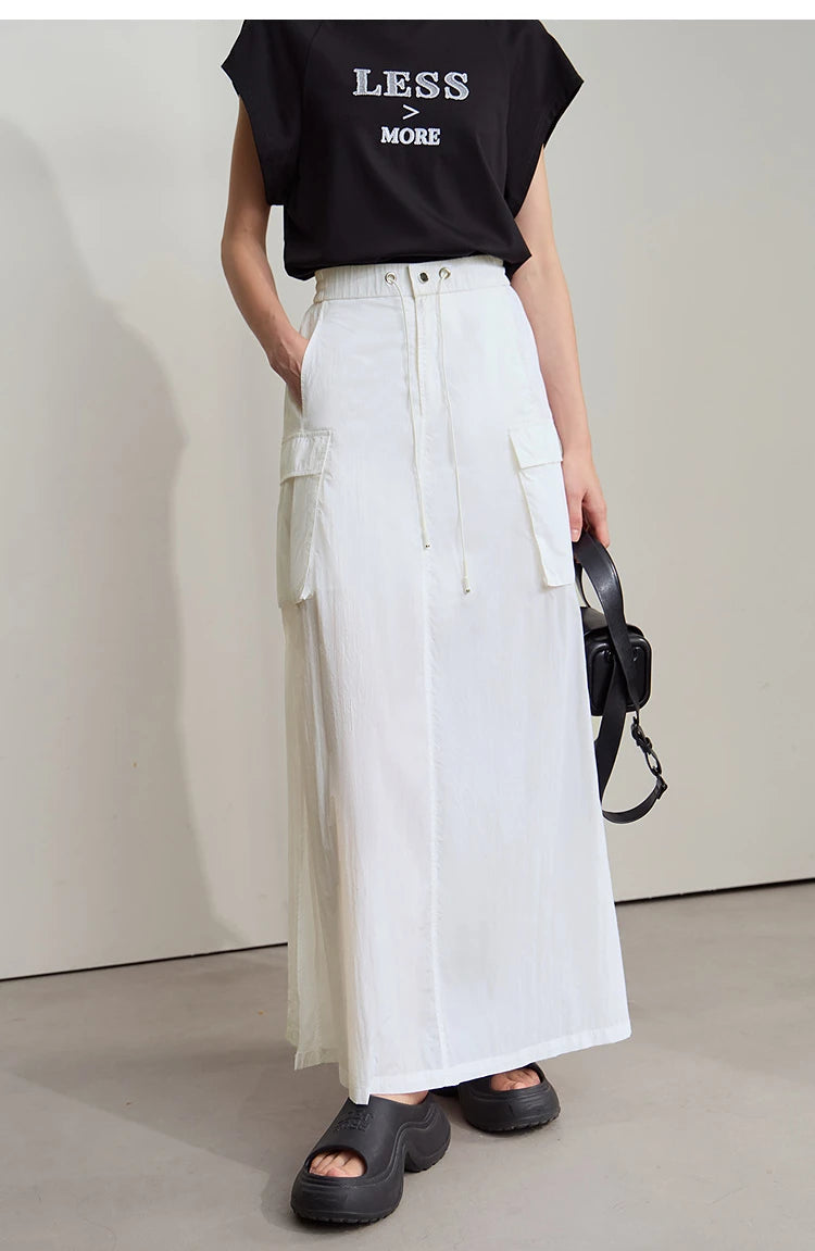 Vacation Long Skirt 2025 Summer Women Loose Sun Protection Office Lady Solid Pockets Elastic Waist Cord Slit Skirt 12542106