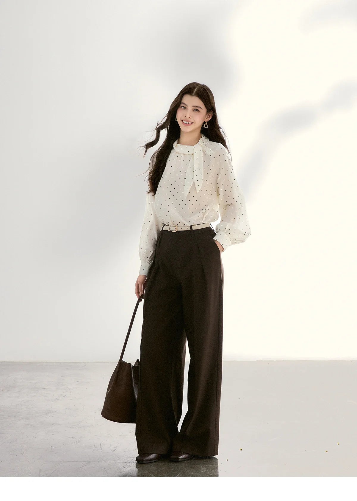 Women's White Polka Dot Blouse Spring Bow Tie Neck Sheer Chiffon Blouses Casual Long Sleeve Top Office Lady MXF13X2531