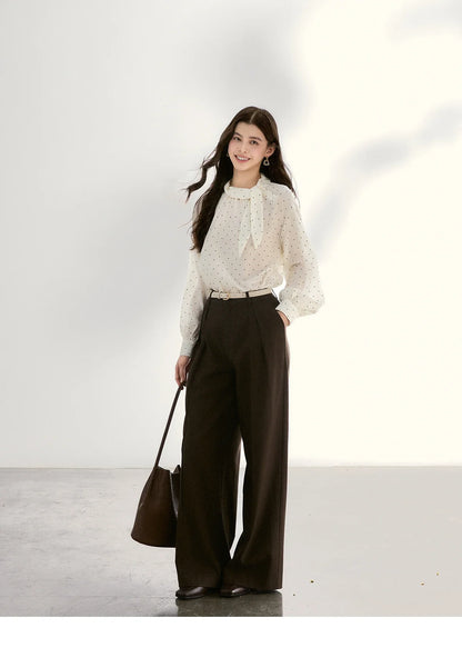 Women's White Polka Dot Blouse Spring Bow Tie Neck Sheer Chiffon Blouses Casual Long Sleeve Top Office Lady MXF13X2531