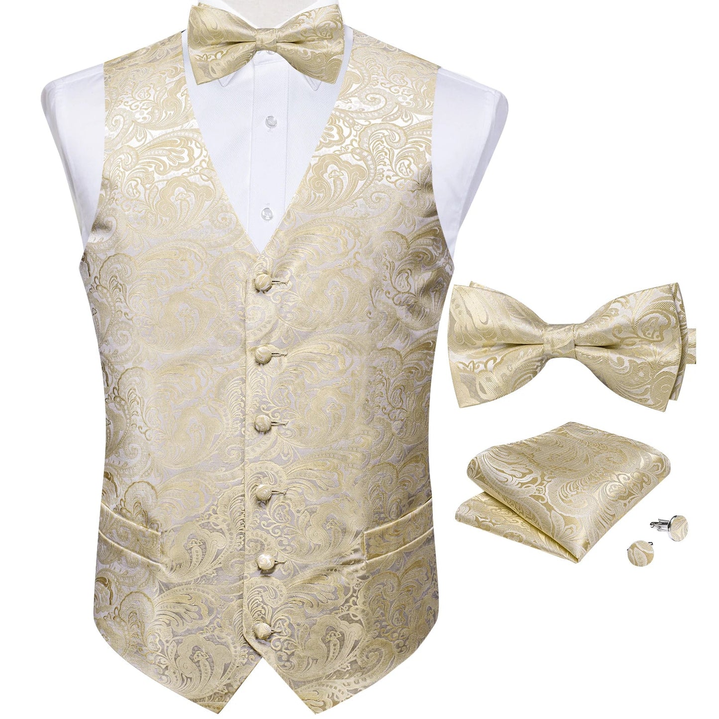 Retro Paisley Floral Full Set with Bowtie Pocket Square and Cufflinks Banquet Essential