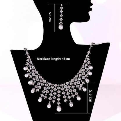 3A Cubic Zirconia Silver Color Tassel Necklace Luxury Pearl Jewelry Sets Bridal Dubai Wedding PROM Accessories