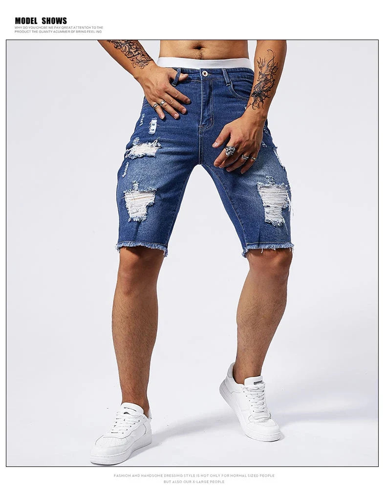Vintage Denim Shorts Men's American Stretch Slim Jeans Fashion Ripped Streetwear Male Hole Frayed Short Pants Blue Black