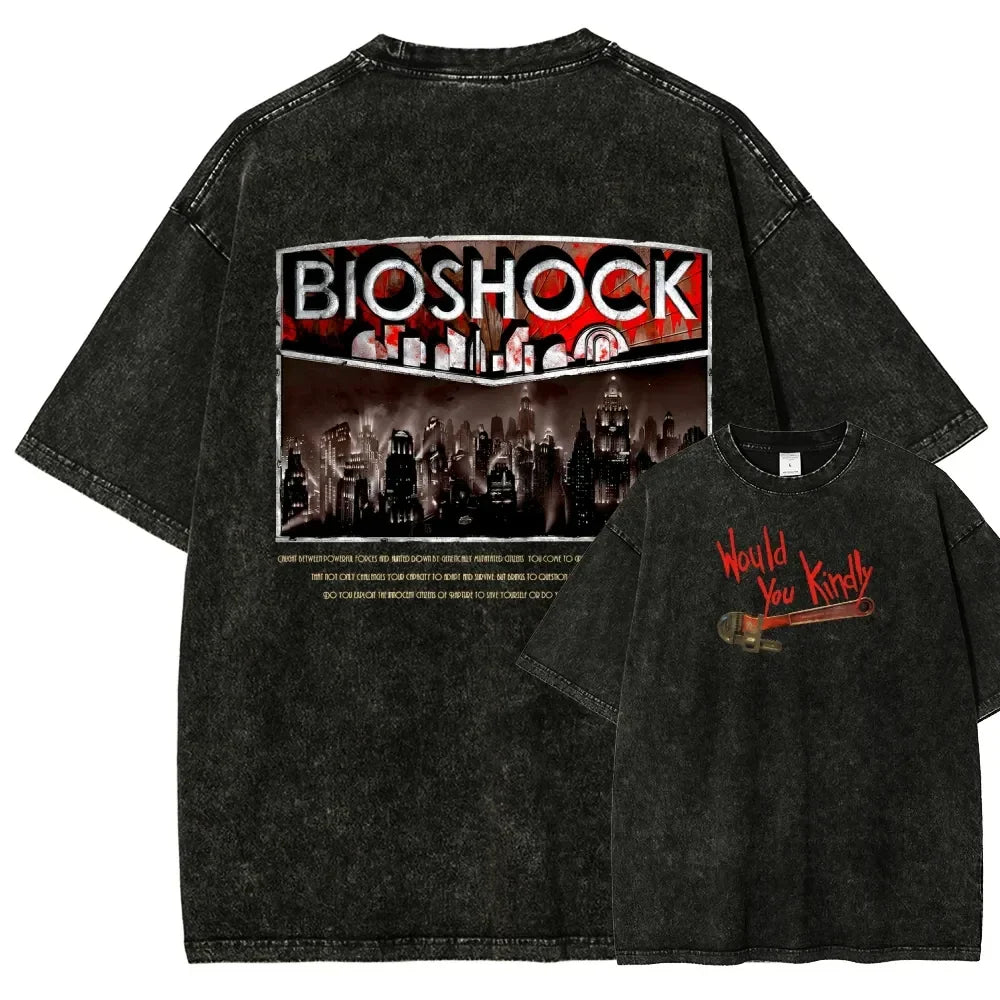 Classic Retro Shooting Game Bioshock Peripherals Graphic Print T-shirt Men Women New Harajuku Wind Tee Vintage Washed Cotton Top
