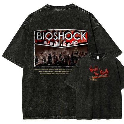 Classic Retro Shooting Game Bioshock Peripherals Graphic Print T-shirt Men Women New Harajuku Wind Tee Vintage Washed Cotton Top