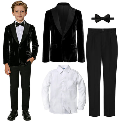 Boys Tuxedo Velvet Blazer Kids Suit Red Christmas New Year Party Gift Clothes Fromal Black  Xmas Birthday Wedding Outifit