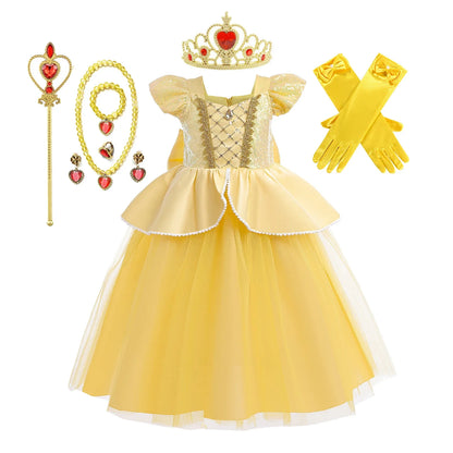 Kids Belle Elegant Costume Girls Halloween Princess Cosplay Party Mesh Dress Children Birthday Clothes Carnival Luxury Ball Gown